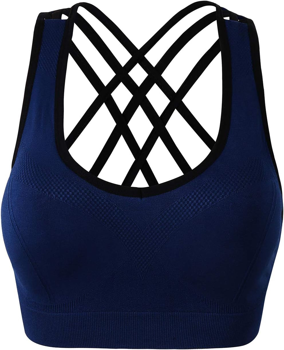 Women Seamless Padded Strappy Sports Bra Yoga Fitness Running Sportswear Top (XXL, Blue)