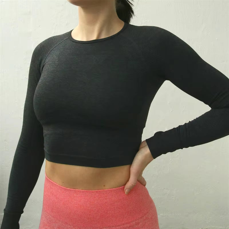 Women Cropped Seamless Long Sleeve Top Sports Wear for Women Gym Yoga Shirt Thumb Hole Fitted Workout Shirts for Women