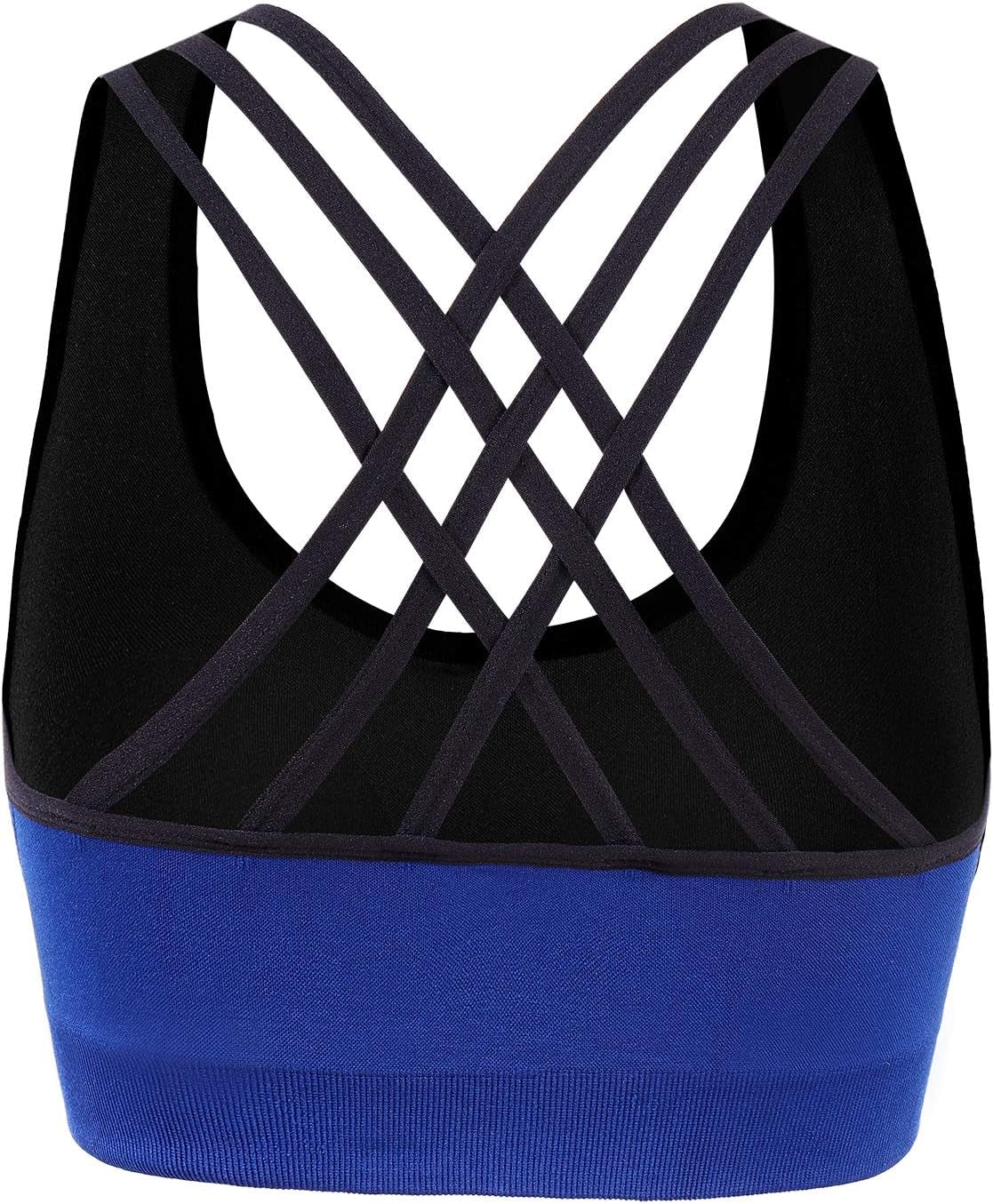 Women Seamless Padded Strappy Sports Bra Yoga Fitness Running Sportswear Top (XXL, Blue)