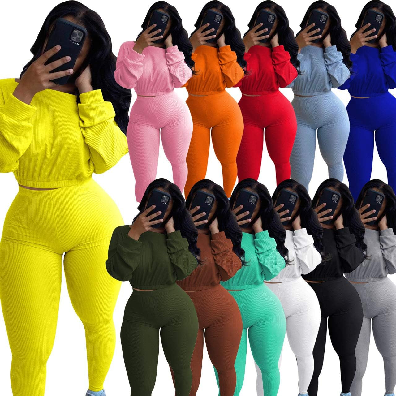 Women Fall Ribbed 2 Piece Outfits Long Sleeve Pullover Crop Tops Bodycon Long Pants Set Sweatsuits Tracksuit