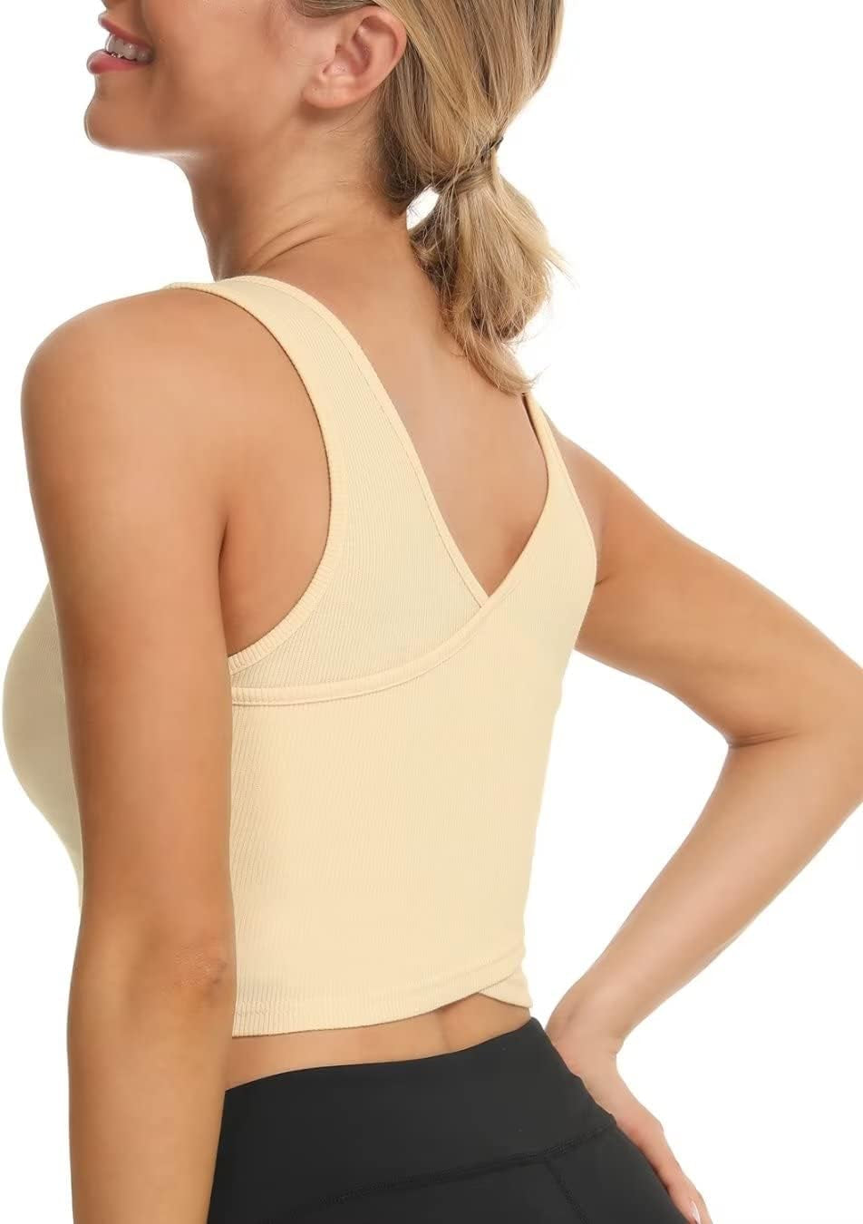 Womens Longline Sports Bra Ribbed Crop Tank Top Notch Neck Padded Bra for Fitness Workout Yoga Beige