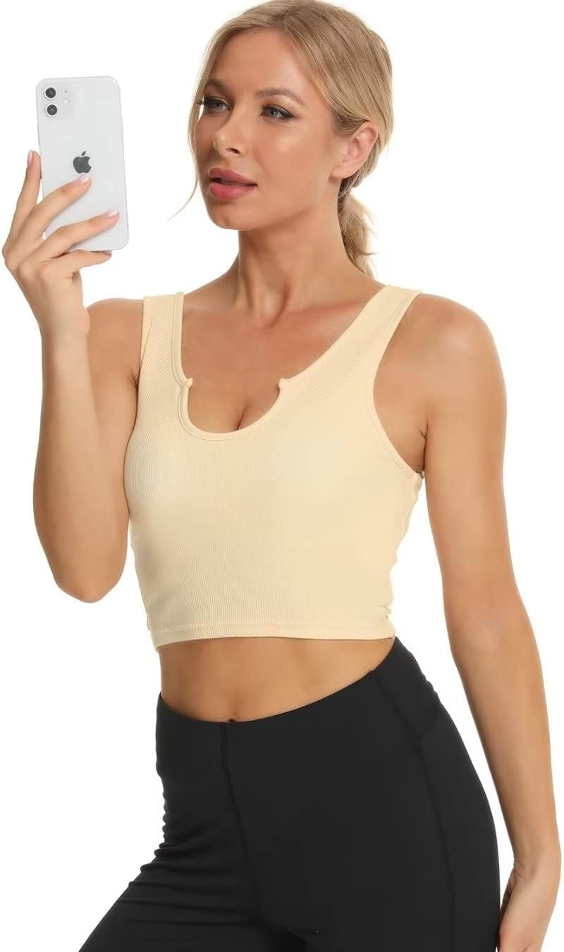 Womens Longline Sports Bra Ribbed Crop Tank Top Notch Neck Padded Bra for Fitness Workout Yoga Beige