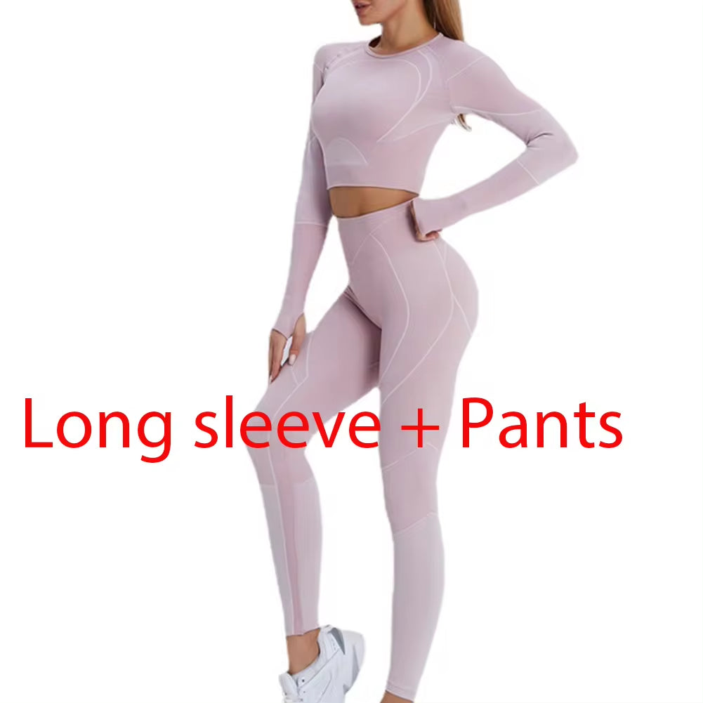 Autumn New Women Yoga Clothing Set Sports Suit Sportswear Fitness Athletic Wear Gym Seamless Workout Leggings Long Sleeve Outfit