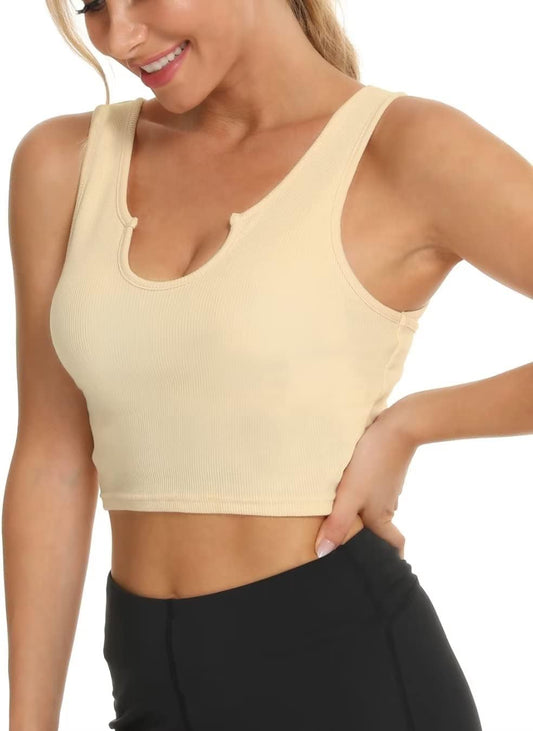 Womens Longline Sports Bra Ribbed Crop Tank Top Notch Neck Padded Bra for Fitness Workout Yoga Beige