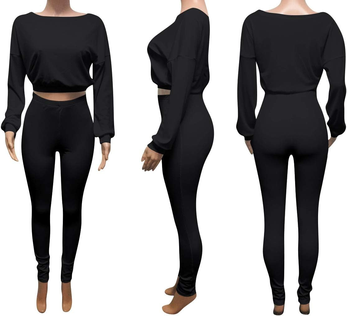 Women Fall Ribbed 2 Piece Outfits Long Sleeve Pullover Crop Tops Bodycon Long Pants Set Sweatsuits Tracksuit