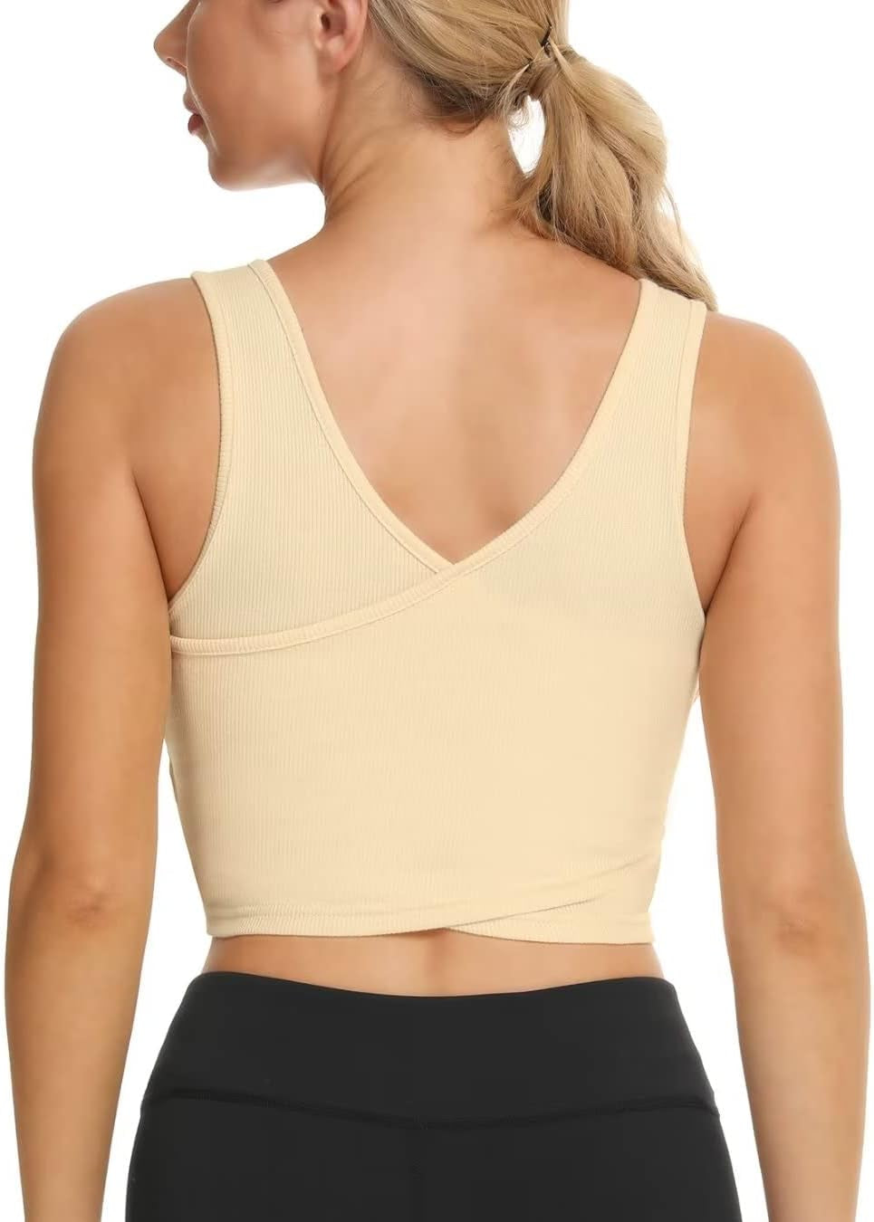 Womens Longline Sports Bra Ribbed Crop Tank Top Notch Neck Padded Bra for Fitness Workout Yoga Beige