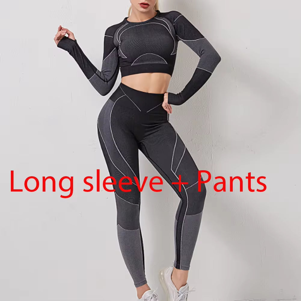 Autumn New Women Yoga Clothing Set Sports Suit Sportswear Fitness Athletic Wear Gym Seamless Workout Leggings Long Sleeve Outfit